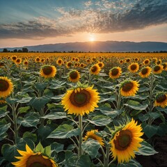 Obraz premium A vibrant sunflower field stretching to the horizon under a cloudless sky.