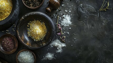 Spices and herbs in rustic black bowls on a textured surface