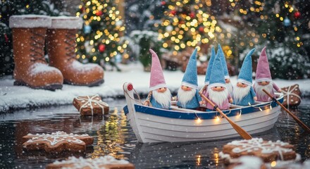Obraz premium Cute Gnome during Christmas season on a boat sailing on a river with snow falling and a Christmas town