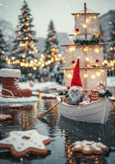 Cute Gnome during Christmas season on a boat sailing on a river with snow falling and a Christmas town