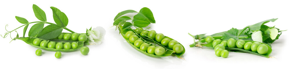 set of green peas slices isolated on white background