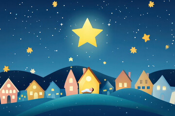 Naklejka premium Starlit night sky above cozy homes on a peaceful hillside