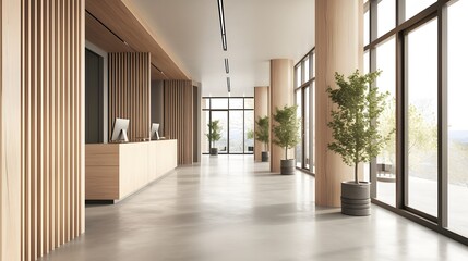 Modern hallway with wooden accents and ample copy space for promotional displays.
