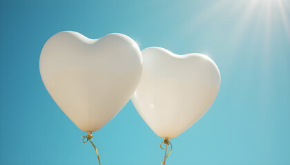 White heart-shaped balloons float in a clear blue sky during a sunny day