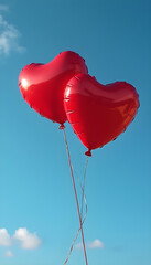 Fototapeta premium Heart-shaped balloons float against a bright blue sky during a festive celebration for love and joy