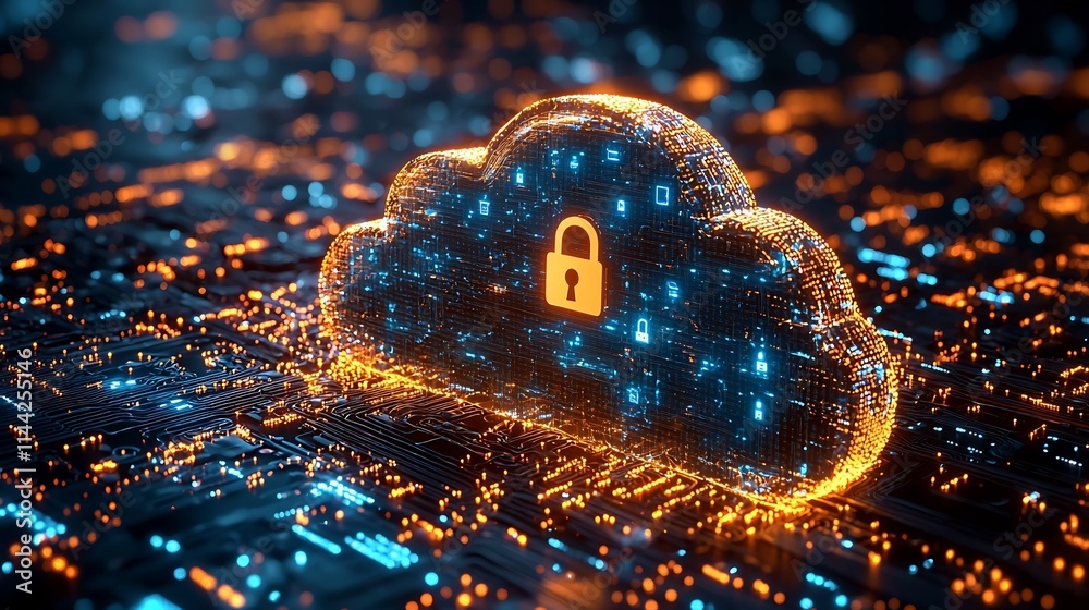 Poster secure virtual cloud computing with shield and padlock symbols cybersecurity abstract digital