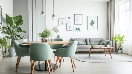 Fototapeta premium Mint chairs at a round wooden dining table. Next to it there is also a living room with a gray sofa with white wall.