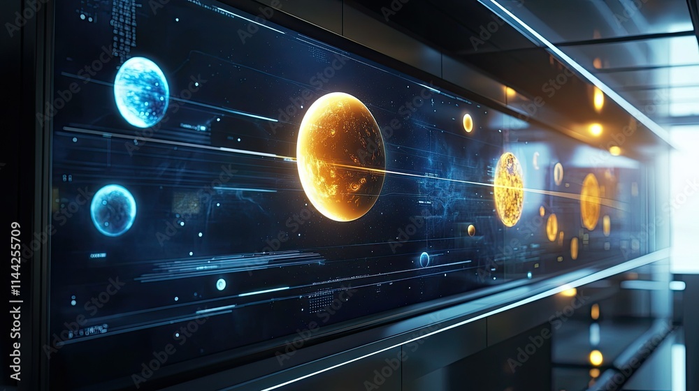 Poster futuristic display of celestial objects in a modern space setting
