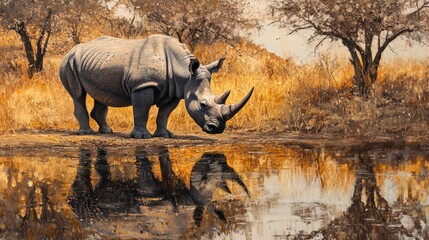 Fototapeta premium A solitary white rhino drinking at a waterhole in the KwaZulu-Natal region of South Africa. The still water reflects the large figure, surrounded by dry grass and acacia trees