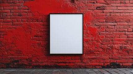 Vertical blank canvas frame mockup on a red brick wall, ideal for an art gallery or vintage decor display.