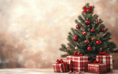 Obraz premium A cozy tree with red plaid decorations and matching gift boxes, placed on a soft beige background