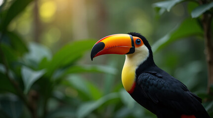 Fototapeta premium A toucan with a long beak in the forest