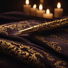 A golden pen lying on a luxurious velvet cloth, illuminated by soft candlelight.
