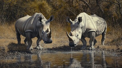 Fototapeta premium Two white rhinos at a waterhole in KwaZulu-Natal, one drinking and the other standing nearby. The dry grass and scattered trees provide a beautiful contrast to the grey rhinos and the serene water.