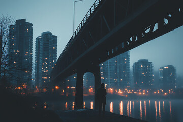 Fototapeta premium A modern pedestrian bridge spans a river with vibrant city lights illuminating the night, symbolizing urban progress and design