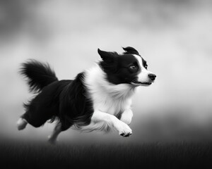 Fototapeta premium A black and white image of a dog in mid-run, capturing its energetic movement and playful spirit.