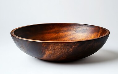 A large, dark brown wooden bowl isolated on a white background.