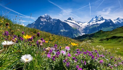 Mountain landscape with spectacular blooms in the Swiss Alps