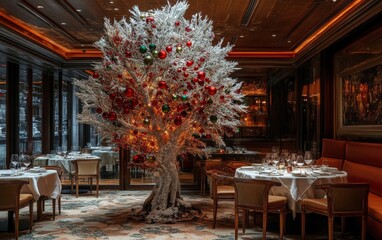 Fototapeta premium A frosted tree adorned with red and green baubles, glowing in the middle of a luxurious restaurant dining room