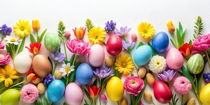 Pastel Easter Eggs & Spring Flowers Flat Lay: Festive Spring Border Design