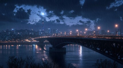 Naklejka premium Night falls over Dongjak Bridge, with the Han River sparkling beneath the city lights