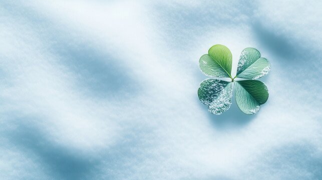 Four Clover with snow in winter season, Lucky clover leaves with four leaf,Clover flowers background,Patricks day,Spring flower pattern,St. Patrick s day seamless pattern,copy space.
