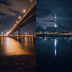 These prompts offer different perspectives of Dongjak Bridge, the Han River, and Namsan Tower, showcasing Seoul's stunning skyline and peaceful night views