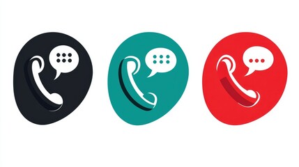 Fototapeta premium Three color variations of a telephone handset icon with a speech bubble, representing communication.