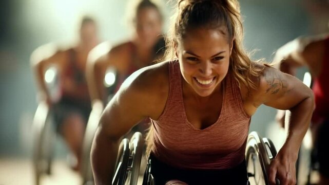 Determined female wheelchair racer leading a competitive race in an intense indoor setting