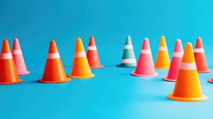 Traffic cones in various colors arranged abstractly on a bright blue background, representing road safety concepts