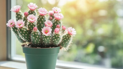 Beautiful blooming cacti with pink flowers in a decorative pot