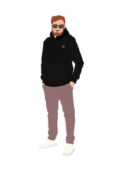 Young stylish man with bright red beard with white sneakers, modern street style  on white background