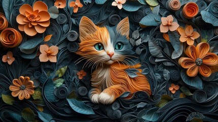 Adorable kitten nestled in vibrant paper flowers.