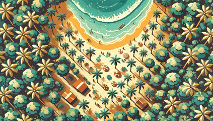 View of the beach with many coconut trees, bird eye viewing angle