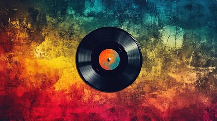 Obraz premium Vinyl record at the center of a bright and colorful background, showcasing retro music and analog vibes