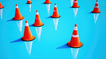 Vibrant orange traffic cones aligned on a vivid blue surface, symbolizing safety and order in a creative setting