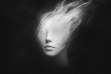 A surreal, ethereal portrait of a faceless figure with flowing hair, blending elements of mystery and abstraction against a dark background.