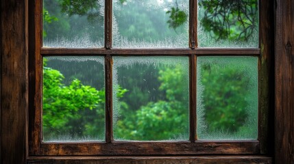 Naklejka premium Rainy Window View with Lush Green Trees Outside in Nature Scene