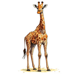 Obraz premium Young giraffe standing on light brown ground, isolated on white background.