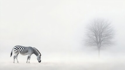 Fototapeta na wymiar A solitary zebra grazes in a misty landscape, with a bare tree disappearing into the fog, evoking a serene and mysterious atmosphere.