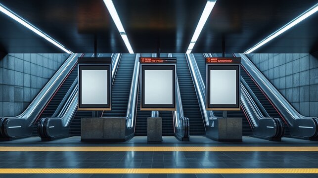 Blank poster mockup in a metro station, three vertical portraits with an escalator background, perfect for transportation-themed advertising.
