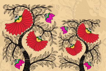 Illustration of Madhubani Artwork with Tree with flowers , Indian folk art vector illustration.  © ganesh_502