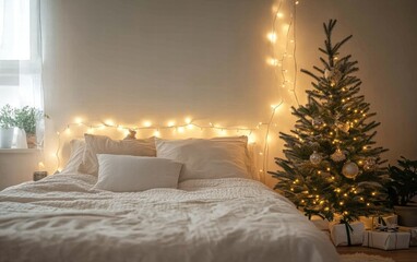 A minimalist bedroom with a small Christmas tree in neutral tones, warm fairy lights, and soft white bedding