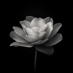 A stunning monochromatic lotus flower elegantly displayed against a black background, highlighting its delicate petals and serene beauty.