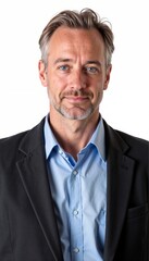 Professional businessman headshot in black blazer isolated on white background