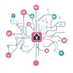 Fototapeta premium Abstract illustration of a network with a security focus, featuring a central lock symbol and connected elements. Perfect for topics like privacy and cybersecurity