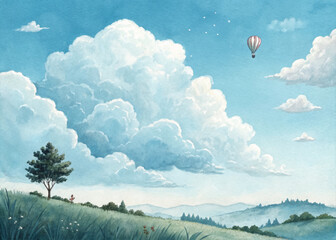** A hot air balloon ascends against a backdrop of fluffy clouds and blue sky.  
**
