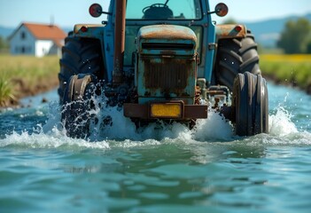 Agricultural Tractor Farm Machinery Splashes Through a River Near the Lake