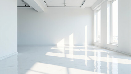 Obraz premium Empty white room, white walls, white floor,Minimalist white room with sunlight streaming through windows