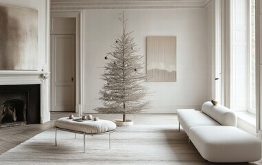 A minimalist white-walled living room with a compact Christmas tree in metallic tones, and soft rugs adding warmth